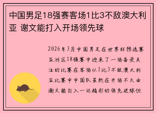 中国男足18强赛客场1比3不敌澳大利亚 谢文能打入开场领先球